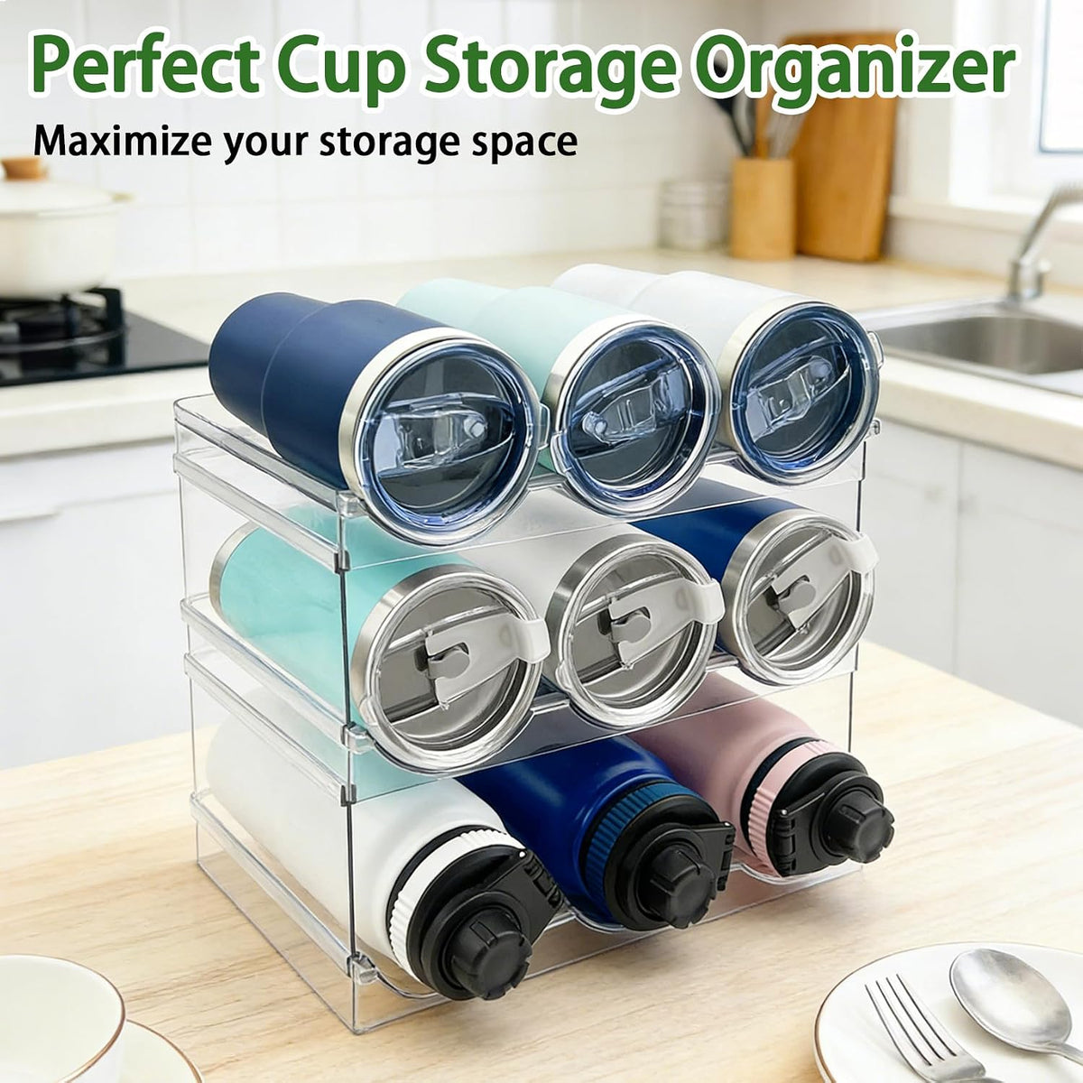 Stackable Water Bottle Storage Organiser Rack for Cupboard & Fridge