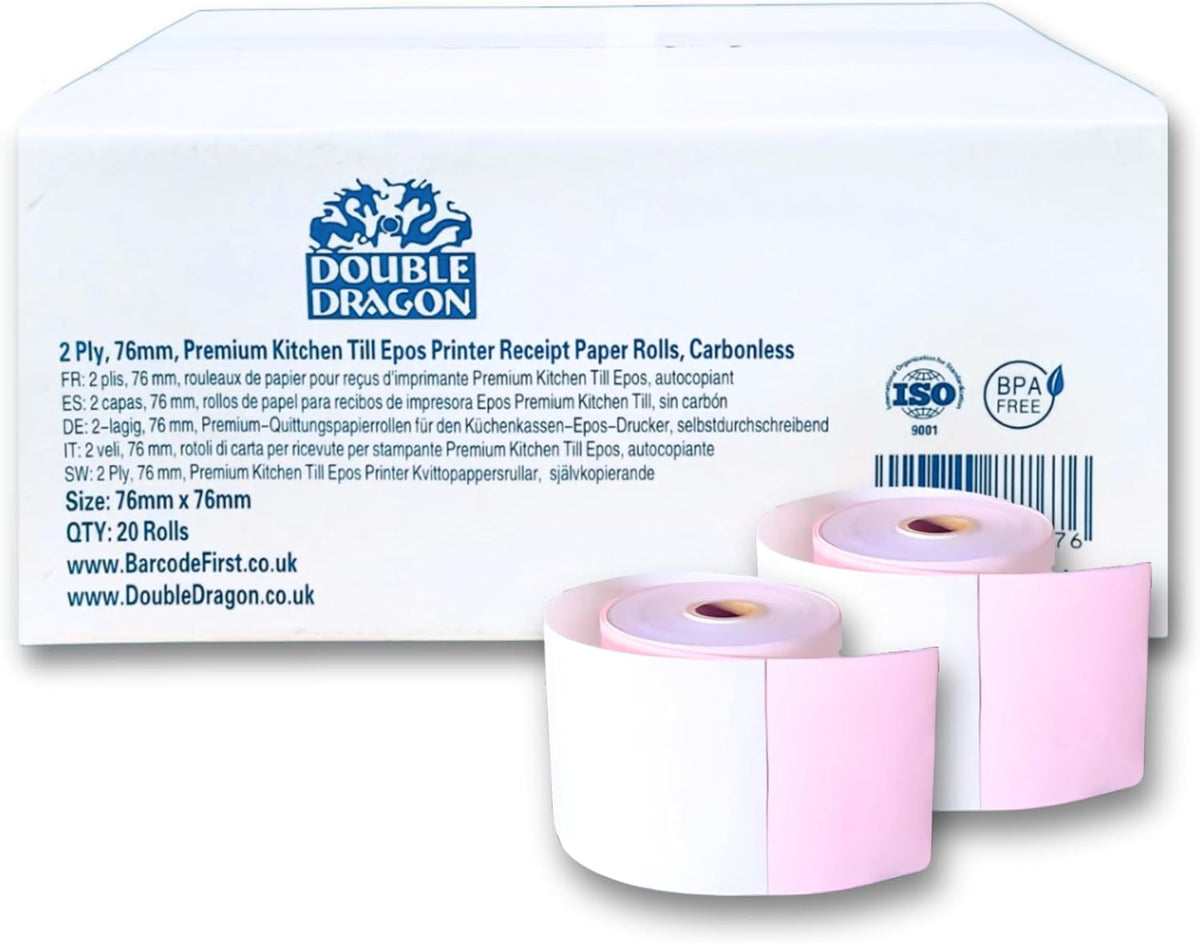 Double Dragon 76 x 76mm 2 Ply Carbonless Till Rolls Box of 20 Kitchen Printer