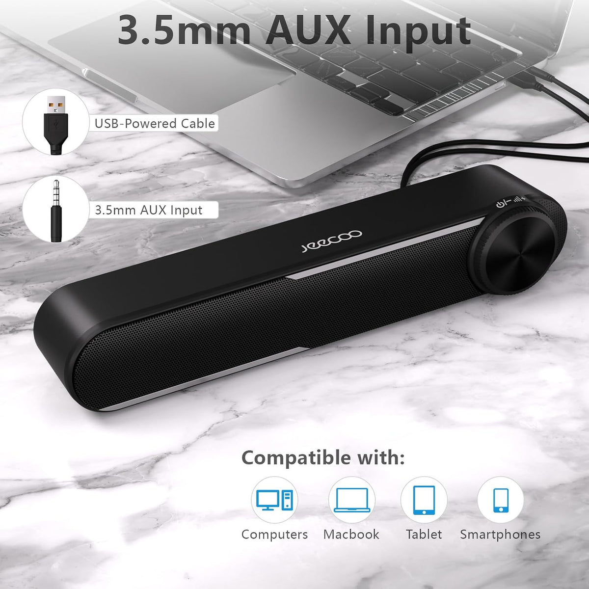 Jeecoo A30 PC Speakers, USB Powered Soundbar for Desktop, Laptop, Phone