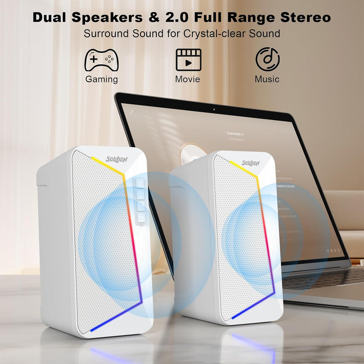 SOULION R40 Computer Speakers 2.0, USB Powered, Volume, Bluetooth 5.3, White