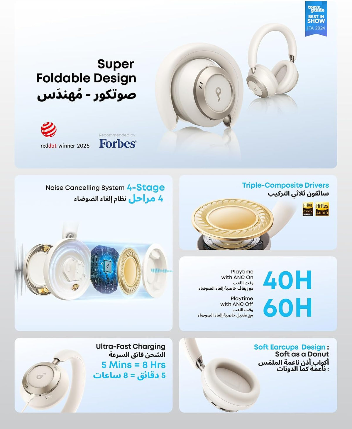 SOUNDCORE Space One Wireless Bluetooth NC Headphones - Cream