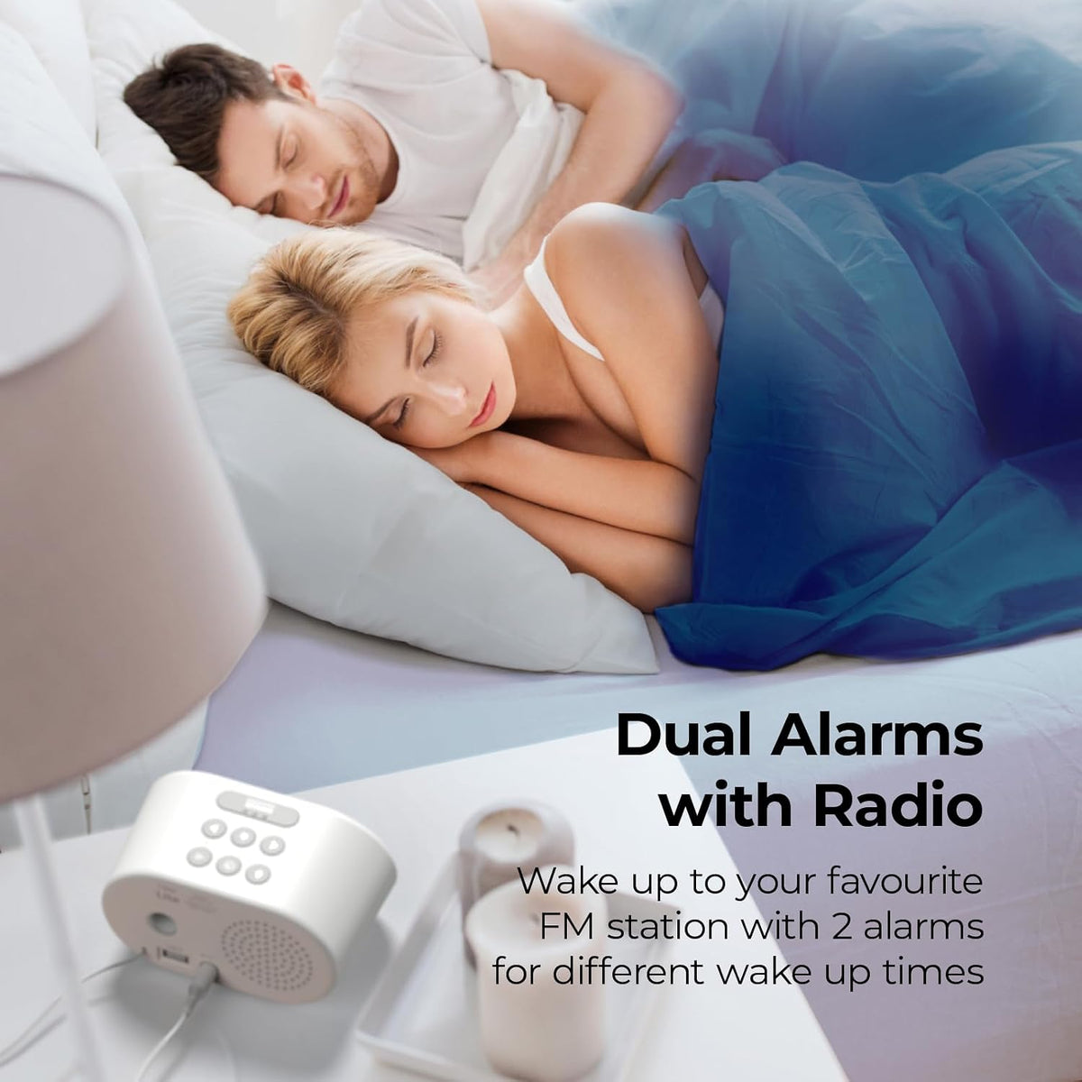 i-box Bedside FM Radio Alarm Clock USB Charging Dimmable LED White