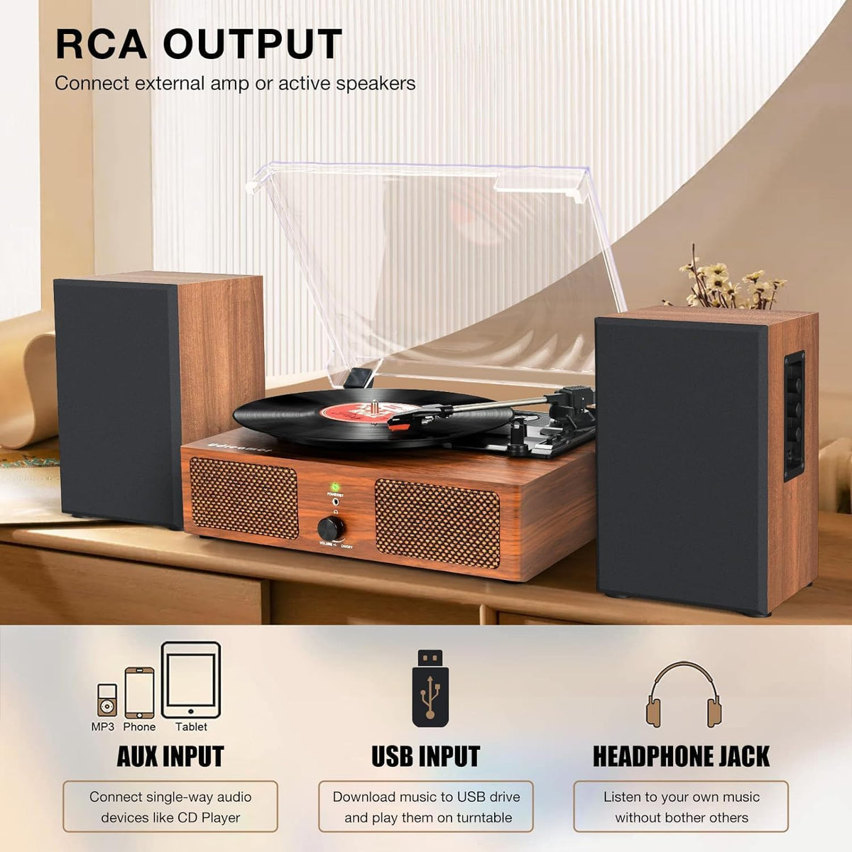 Vinyl Record Player Turntable Built-in Speakers USB 3 Speed Belt-Driven Brown