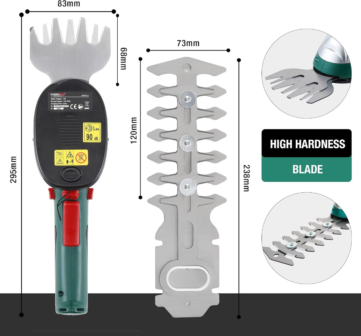 POSENPRO 7.2V Cordless 2-in-1 Hedge Trimmer Grass Shrub Shear Lithium-Ion