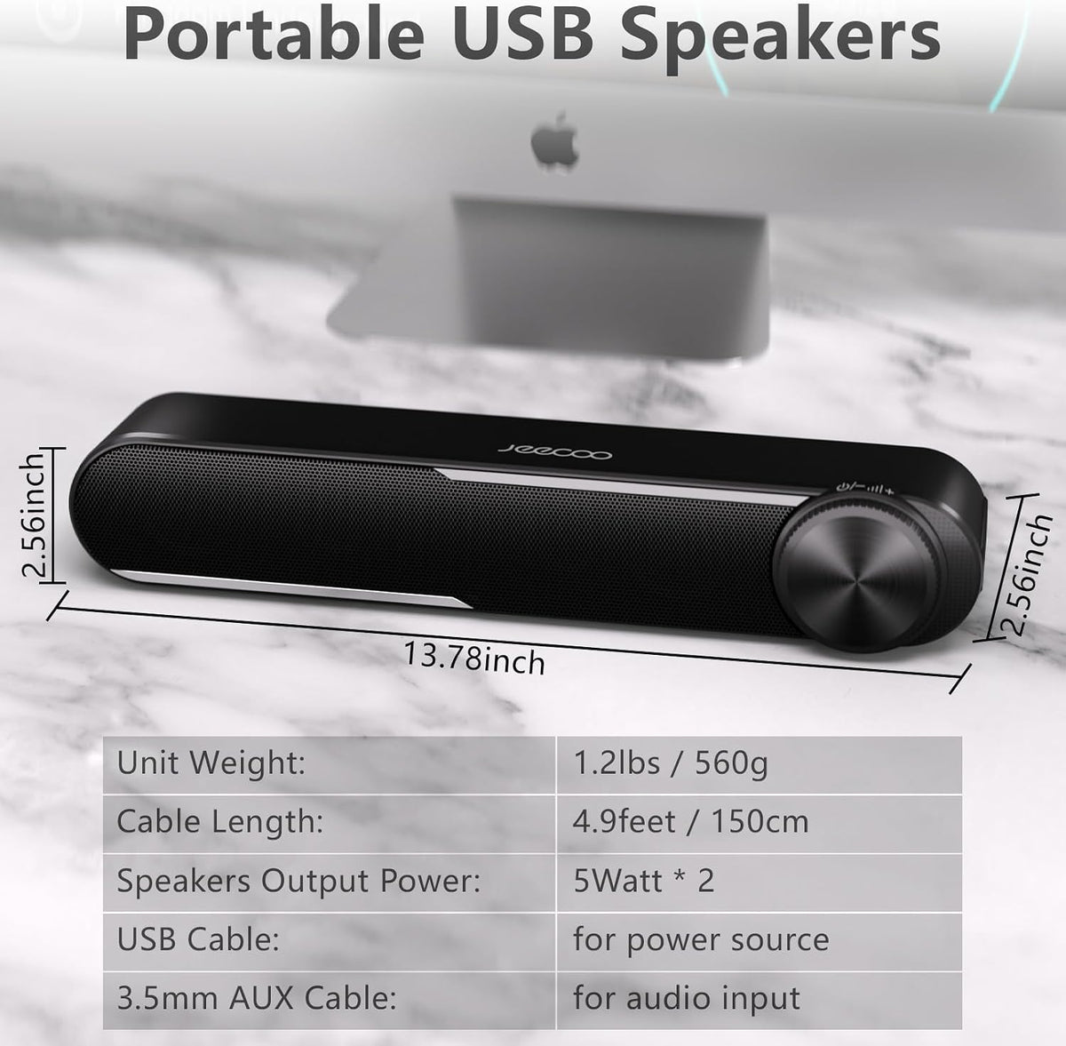 Jeecoo A30 PC Speakers, USB Powered Soundbar for Desktop, Laptop, Phone