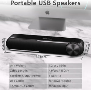 Jeecoo A30 PC Speakers, USB Powered Soundbar for Desktop, Laptop, Phone
