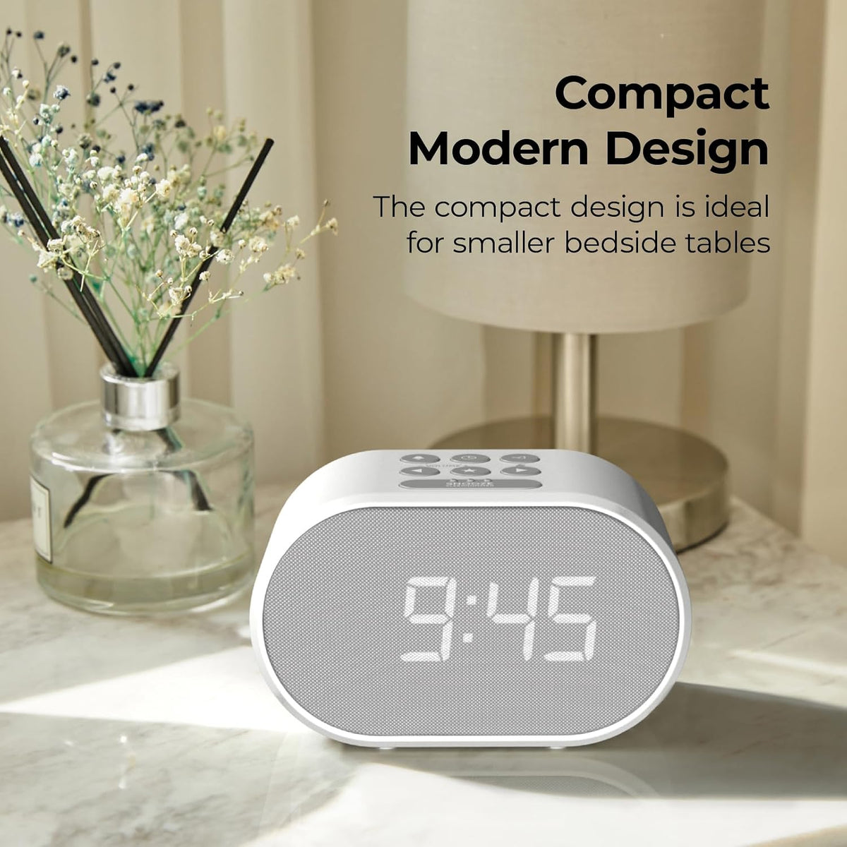 i-box Bedside FM Radio Alarm Clock USB Charging Dimmable LED White