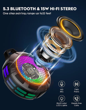 Oritzan Shower Bluetooth Speaker IPX7, Stereo Bass, RGB, 360 Sound, 15W, Mic
