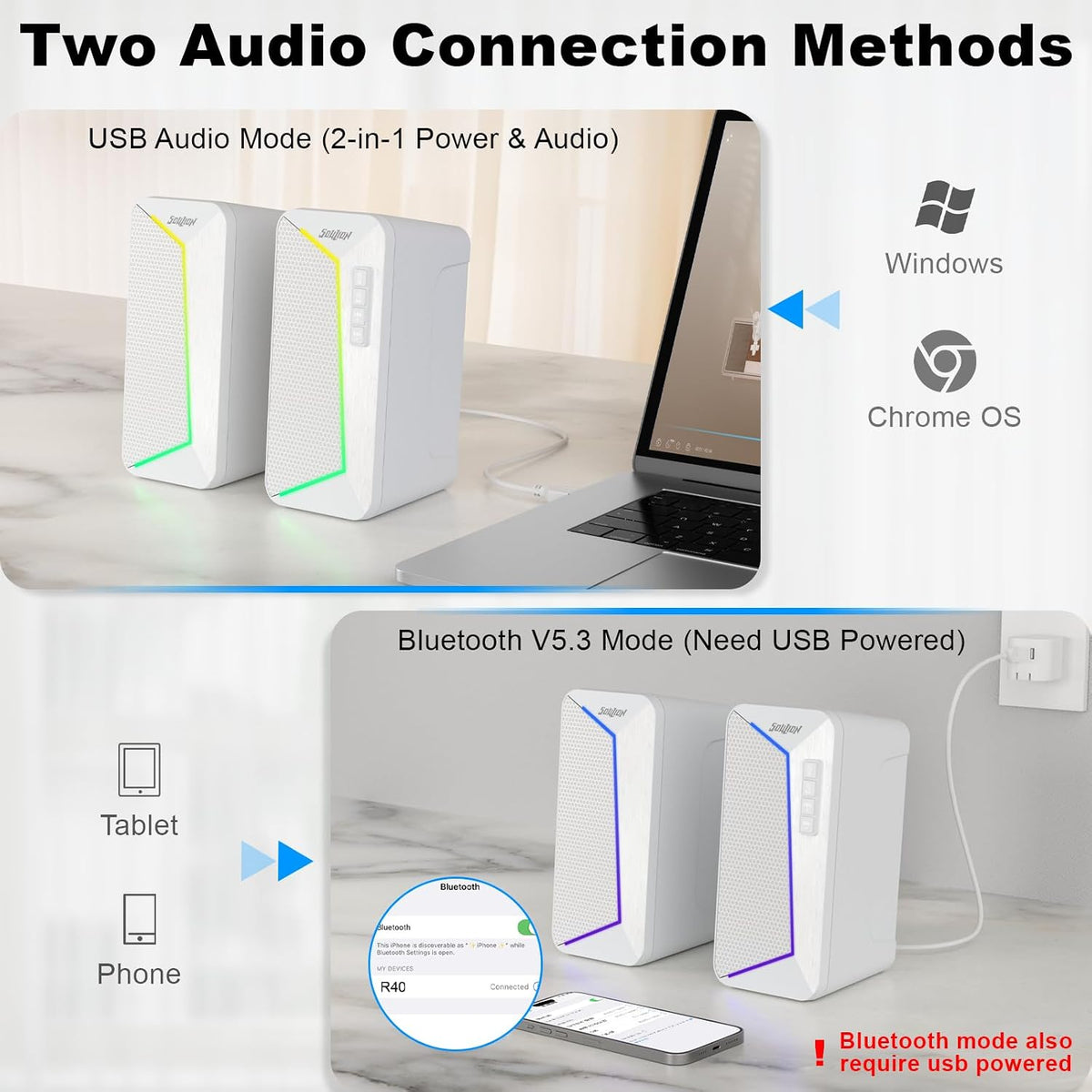 SOULION R40 Computer Speakers 2.0, USB Powered, Volume, Bluetooth 5.3, White