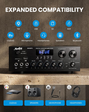 Moukey MAMP1 2.0 Stereo Amplifier 220W Bluetooth 5.0, USB/SD/AUX/RCA/Mic, Radio