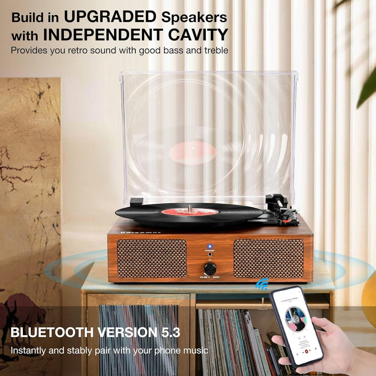 Vinyl Record Player Turntable Built-in Speakers USB 3 Speed Belt-Driven Brown