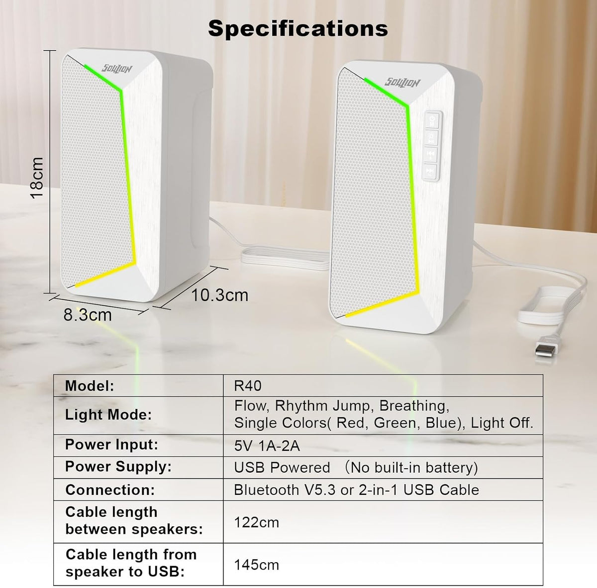 SOULION R40 Computer Speakers 2.0, USB Powered, Volume, Bluetooth 5.3, White
