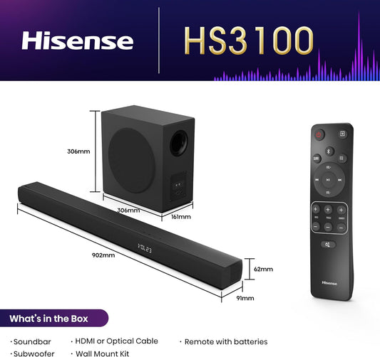 Hisense HS3100 3.1 Wireless Compact Sound Bar DTS Virtual:X TV Soundbar