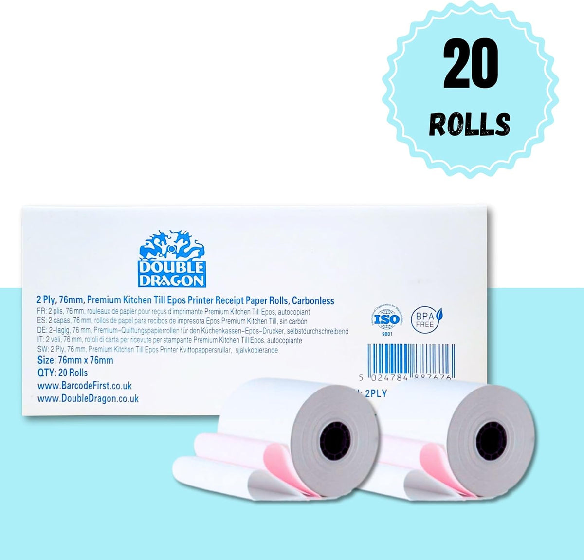 Double Dragon 76 x 76mm 2 Ply Carbonless Till Rolls Box of 20 Kitchen Printer