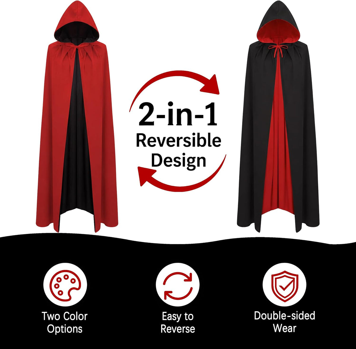 A-SZCXTOP Reversible Hooded Vampire Witch Cape Halloween Cloak Black Red L 150cm