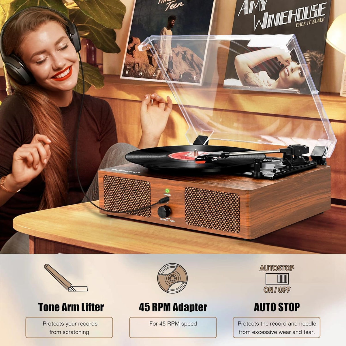 Vinyl Record Player Turntable Built-in Speakers USB 3 Speed Belt-Driven Brown