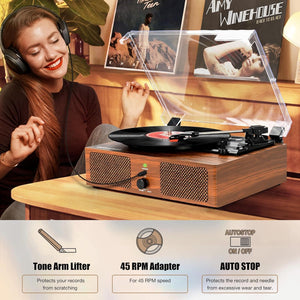 Vinyl Record Player Turntable Built-in Speakers USB 3 Speed Belt-Driven Brown