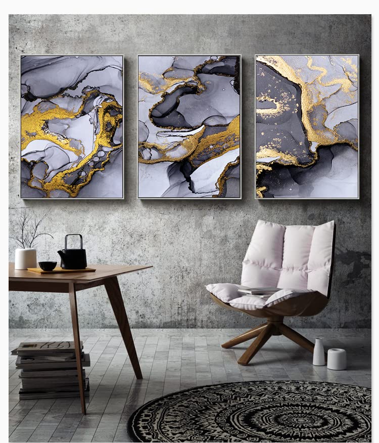 Lyboho Wall Pictures Living Room Grey Golden Fluid Art, 30x40cm, 3PCS