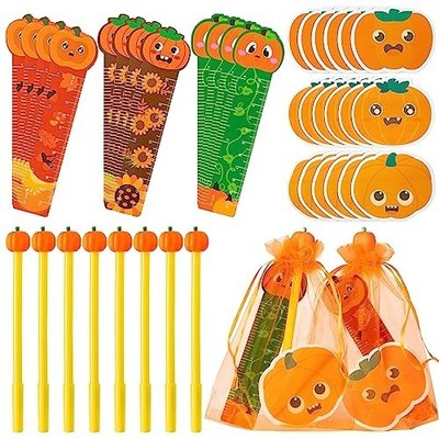 ANGOLIO 24pcs Fall Pumpkin Stationery Set Pens Notes Ruler Mesh Bag