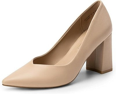 DREAM PAIRS Womens Nude Court Shoes Size 6.5 UK 8.5 US Block Heel Pumps