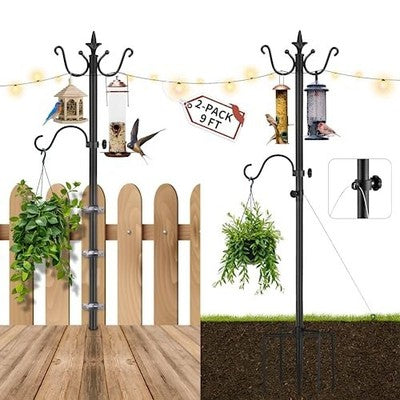 Outdoor Patio String Lights Poles 2 Pack Metal 9FT Black with Hooks Garden