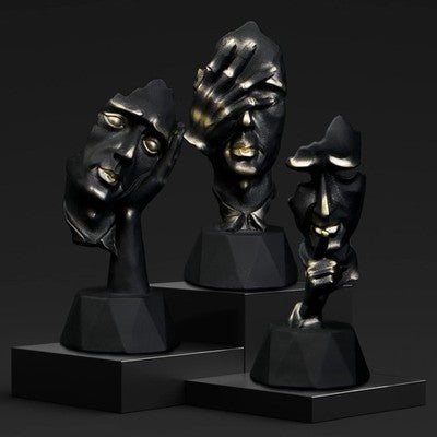Perfekto24 Black Sculpture Decor Set of 3 Thinker Silence is Golden Statue