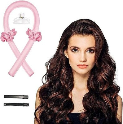 Heatless Curlers Headband Set (Pink/Black) W/Hair Clips & Scrunchie,