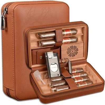 Brown 6-Finger Cigar Travel Humidor Case w/ Lighter Punch Humidifier Box