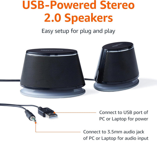 Amazon Basics 2.0 Stereo PC Laptop Speakers USB Powered Black