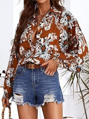 CUPSHE Women Casual Button Down Shirt Long Sleeves Flower Print - Brown - L