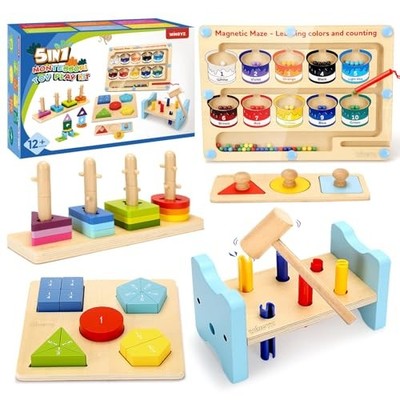wingyz 5-in-1 Montessori Toys Magnetic Maze Wooden Sorting Stacking Age 1-4