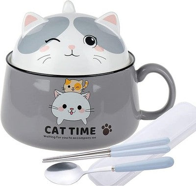 Ceramic Ramen Bowl Handle Lid Spoon Chopstick 1020mL Dishwasher Microwave Safe