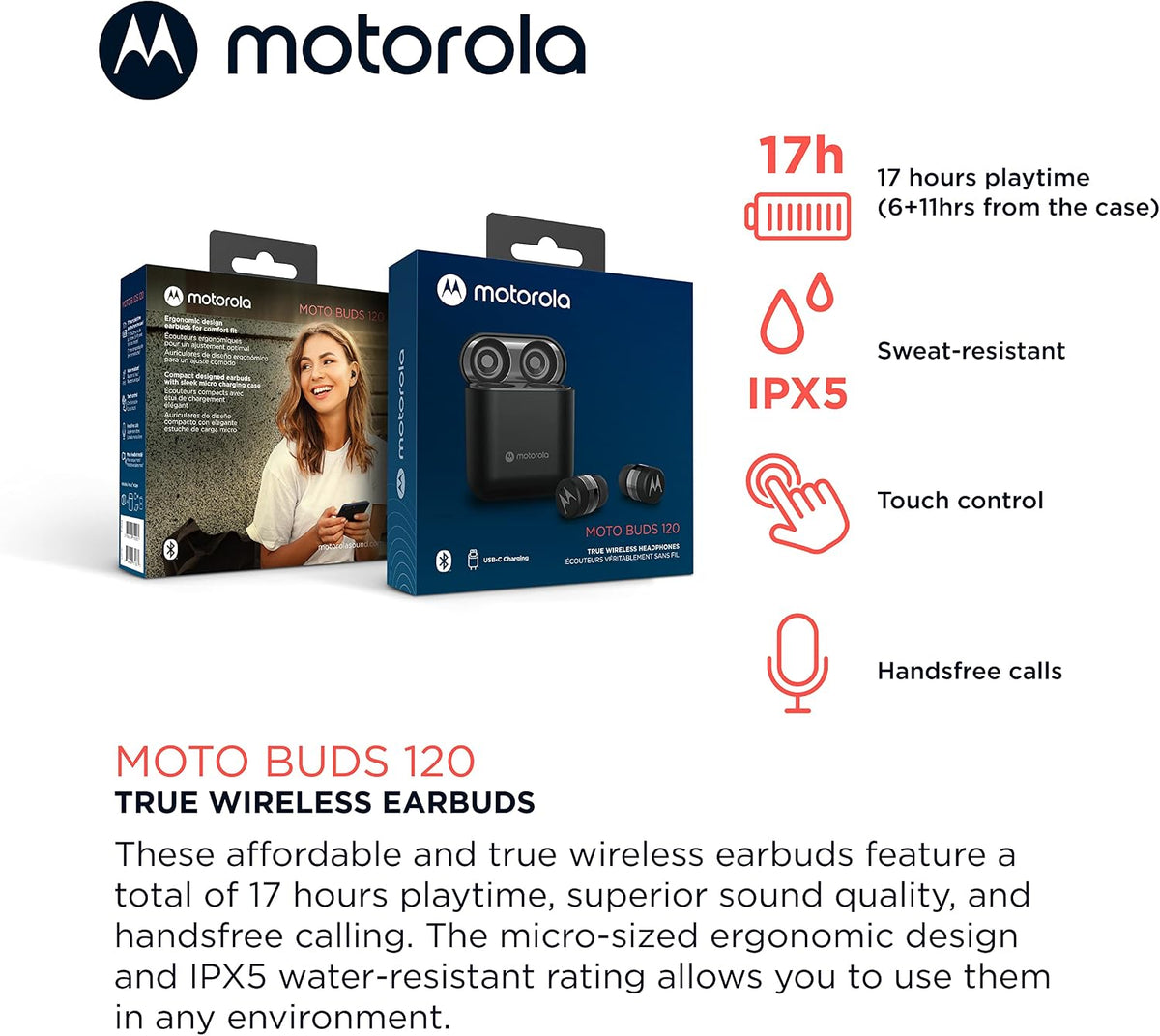 Motorola Moto Buds 120 Black Wireless Bluetooth Earbuds IPX5 Mic & Case