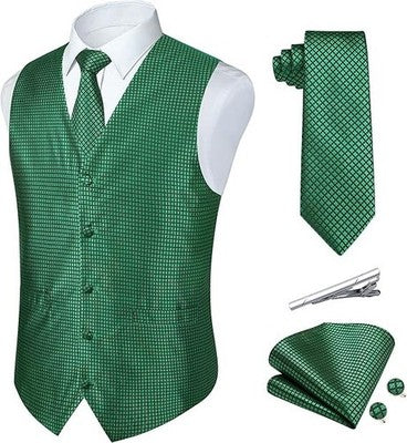 Rithern Mens Green Check Waistcoat Tie Pocket Square Set 2XL