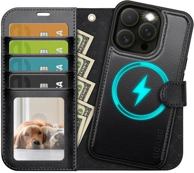 OCASE iPhone 15 Pro Max Detachable Wallet Case Ice Blue RFID Kickstand Cover