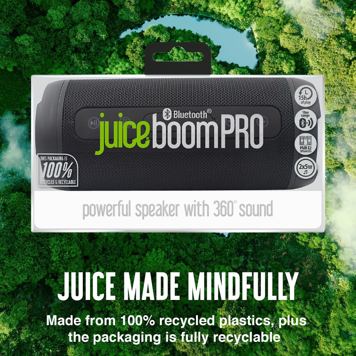 Juice BoomPRO Portable Bluetooth 10W Speaker, IPX5, 360 Sound, 15H Play, Black