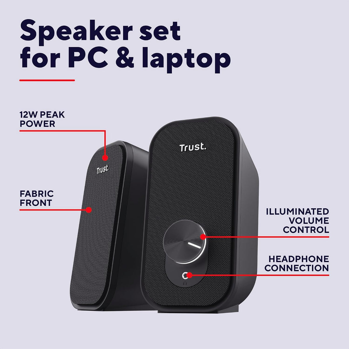 Trust Orada 2.0 PC Speakers 12W USB Stereo Speakers for PC Laptop Mac Black