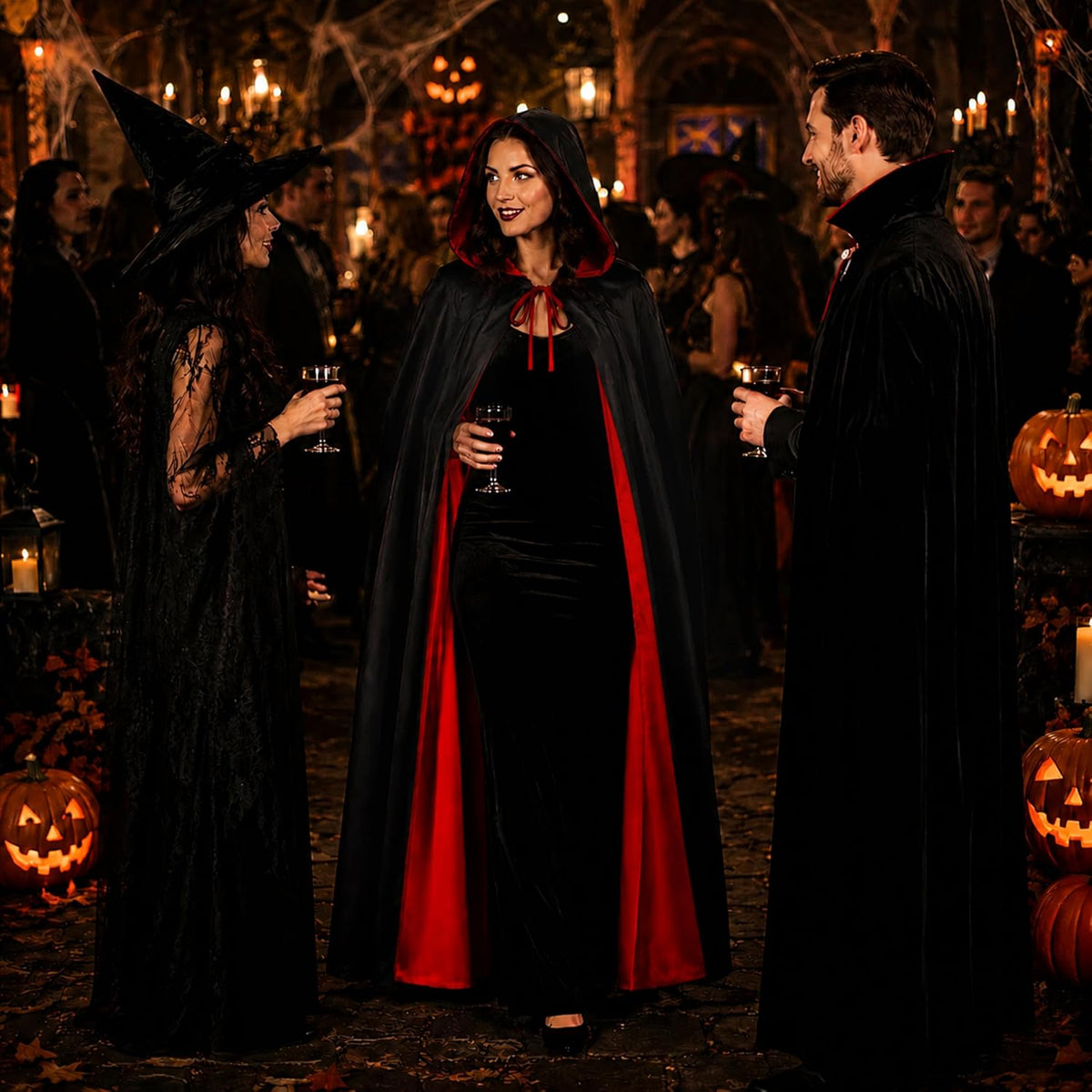 A-SZCXTOP Reversible Hooded Vampire Witch Cape Halloween Cloak Black Red L 150cm