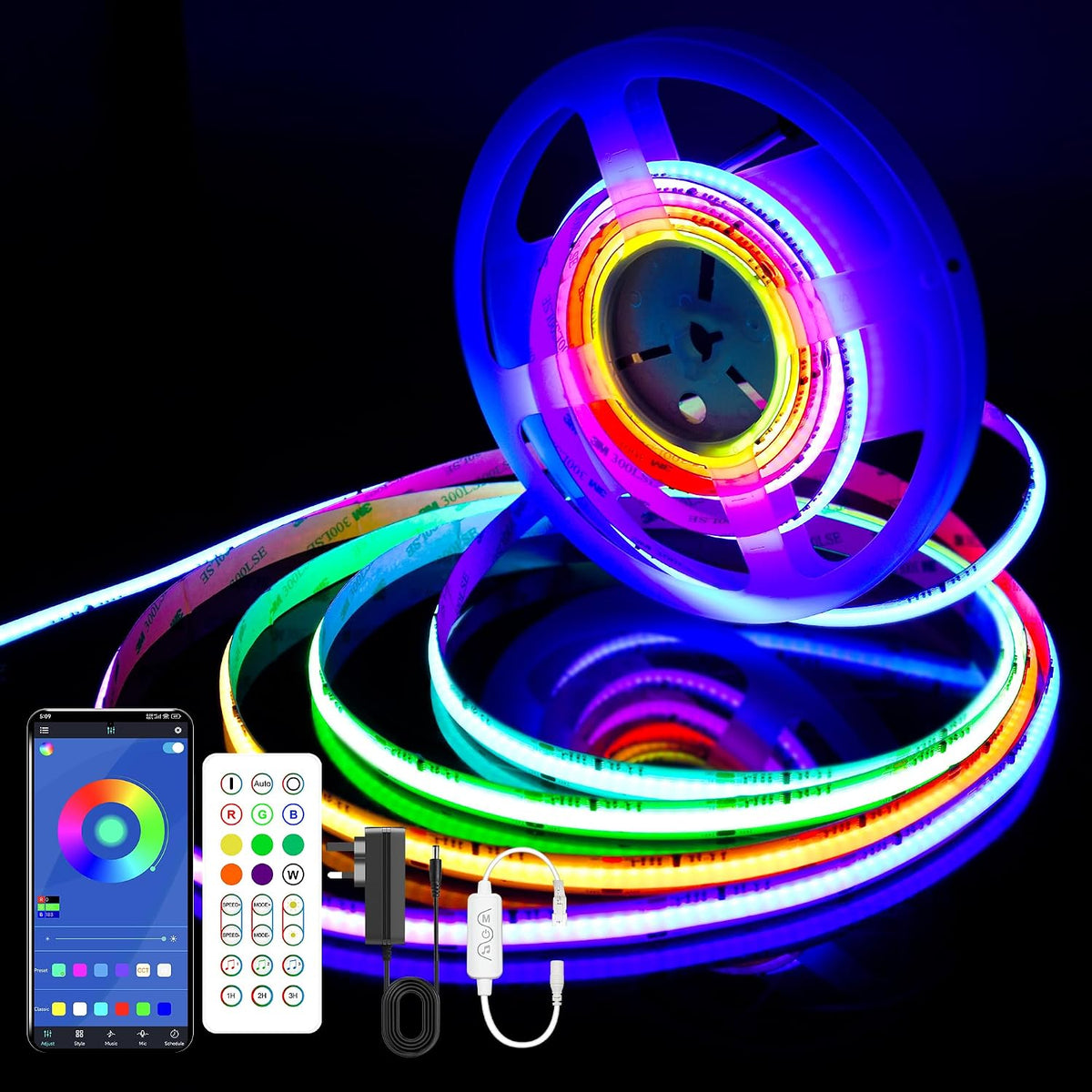 AXMOTUT RGBIC COB LED Light Strip 3M 24V with Remote & Adapter