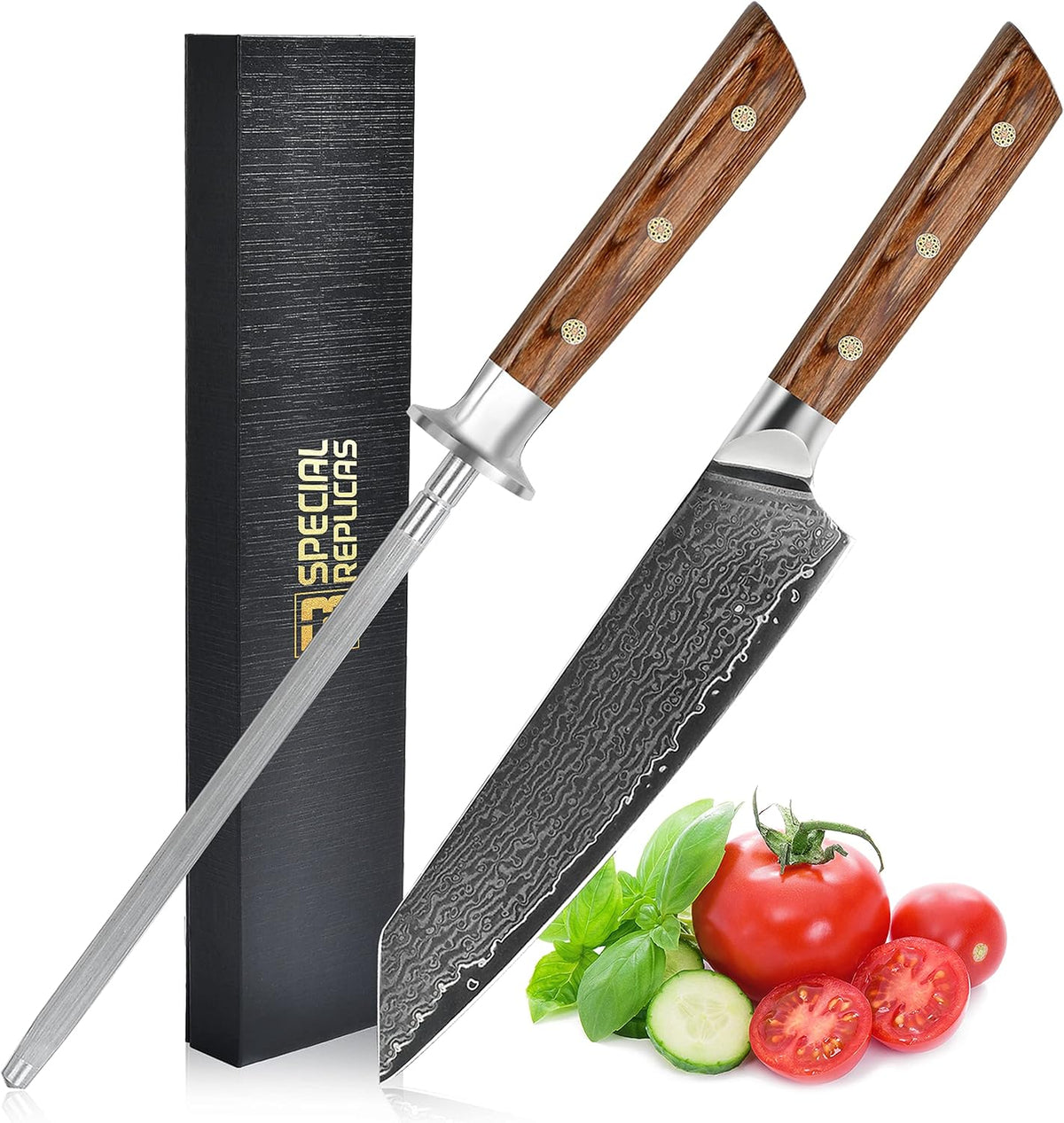 Damascus Steel Kitchen Knife 20cm with Sharpener & Gift Box