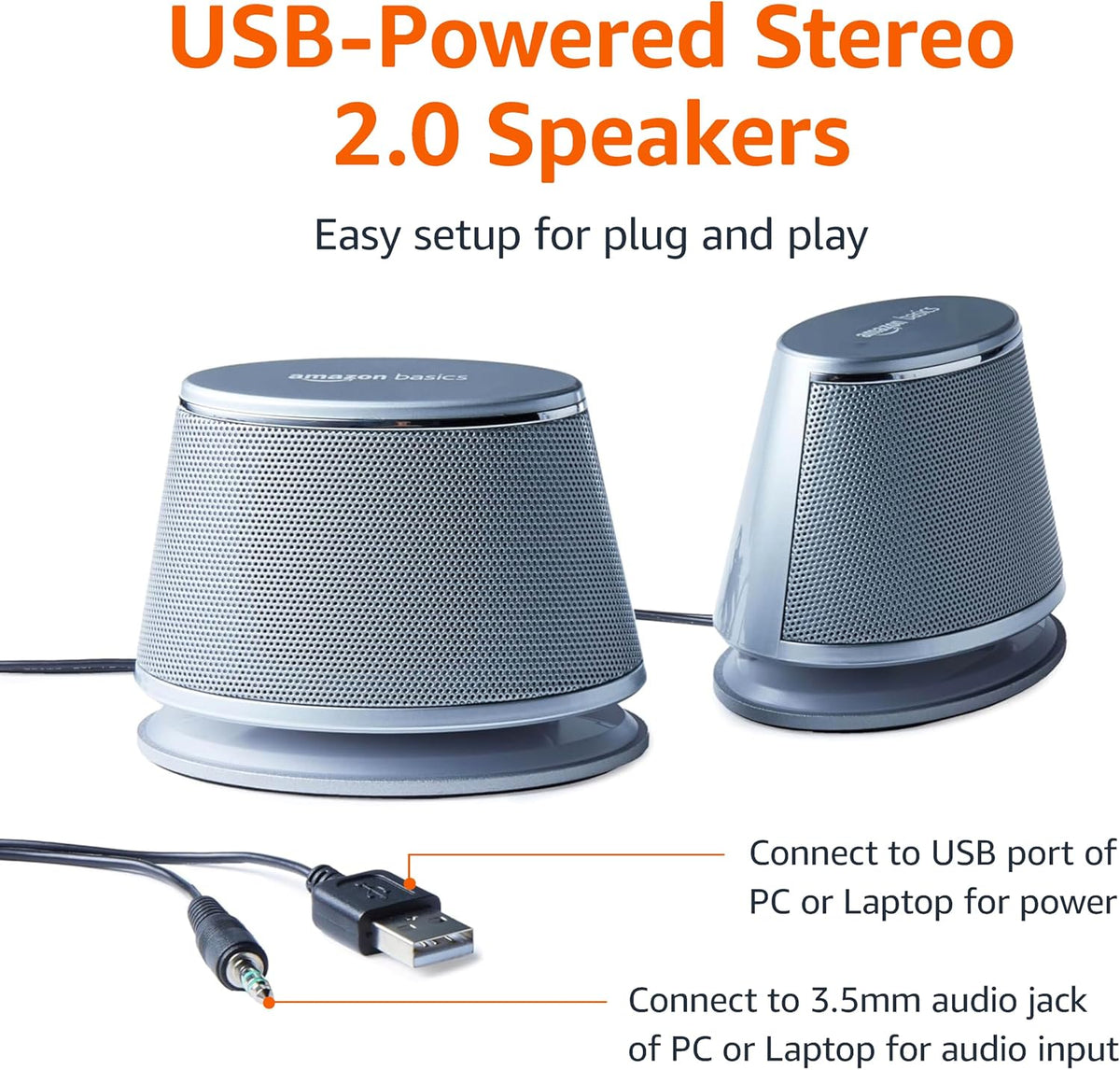 Amazon Basics Stereo 2.0 PC/Laptop Speakers, 3.5mm Aux, USB-Powered, Silver