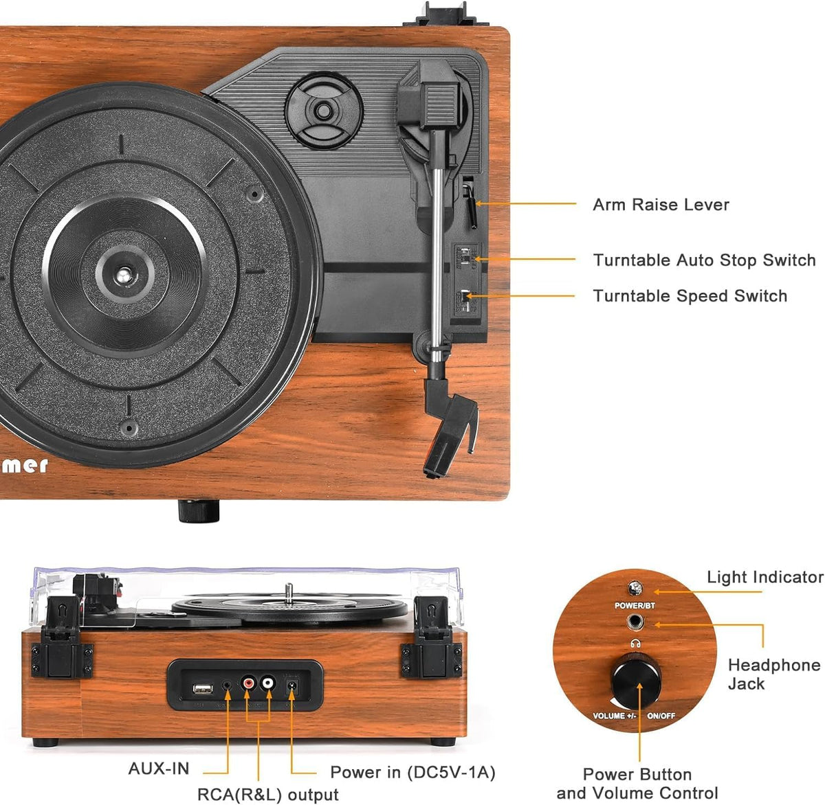 Vinyl Record Player Turntable Built-in Speakers USB 3 Speed Belt-Driven Brown