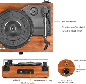 Vinyl Record Player Turntable Built-in Speakers USB 3 Speed Belt-Driven Brown