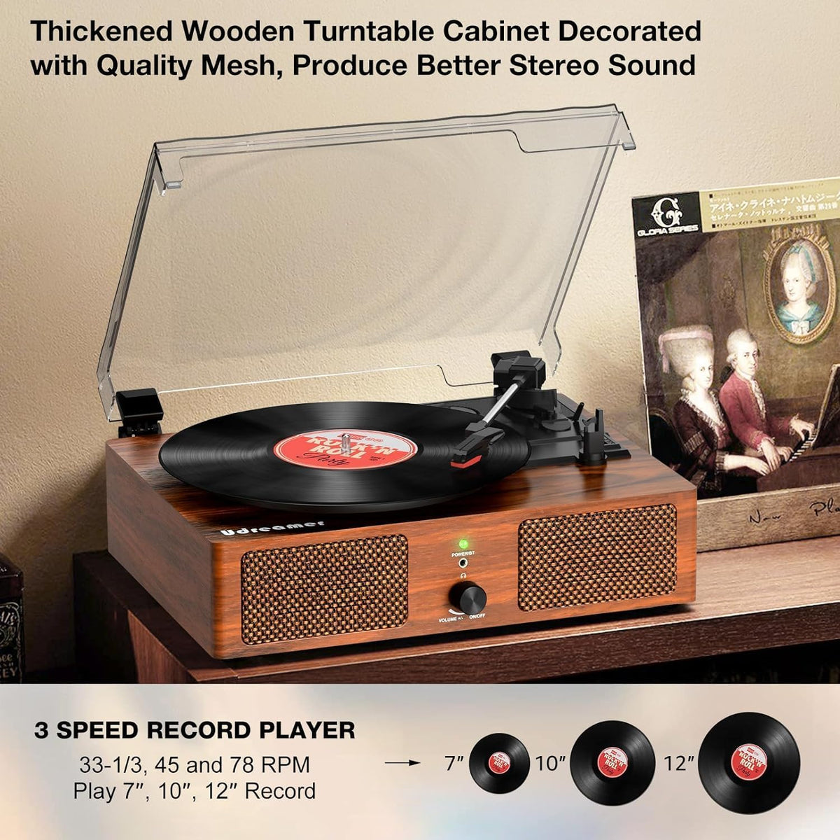 Vinyl Record Player Turntable Built-in Speakers USB 3 Speed Belt-Driven Brown