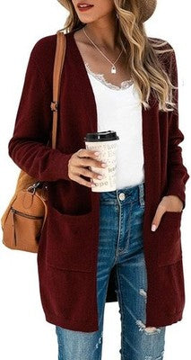 TASAMO Women's Cardigans Open Front Pockets Side Split Sweater Large Wine
