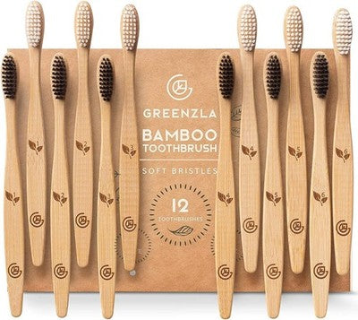 Greenzla Bamboo Toothbrushes (12 Pack) | Bpa Free Soft Bristles Toothbrushes