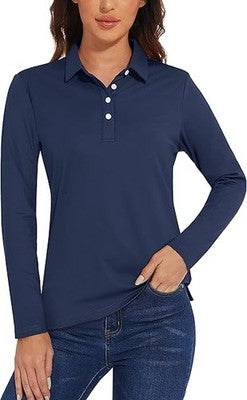 TACVASEN Women's Long Sleeve Polo Shirt Navy Casual Top