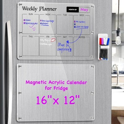 Acrylic Magnetic Weekly Calendar for Fridge 16x12 Clear Dry Erase Board