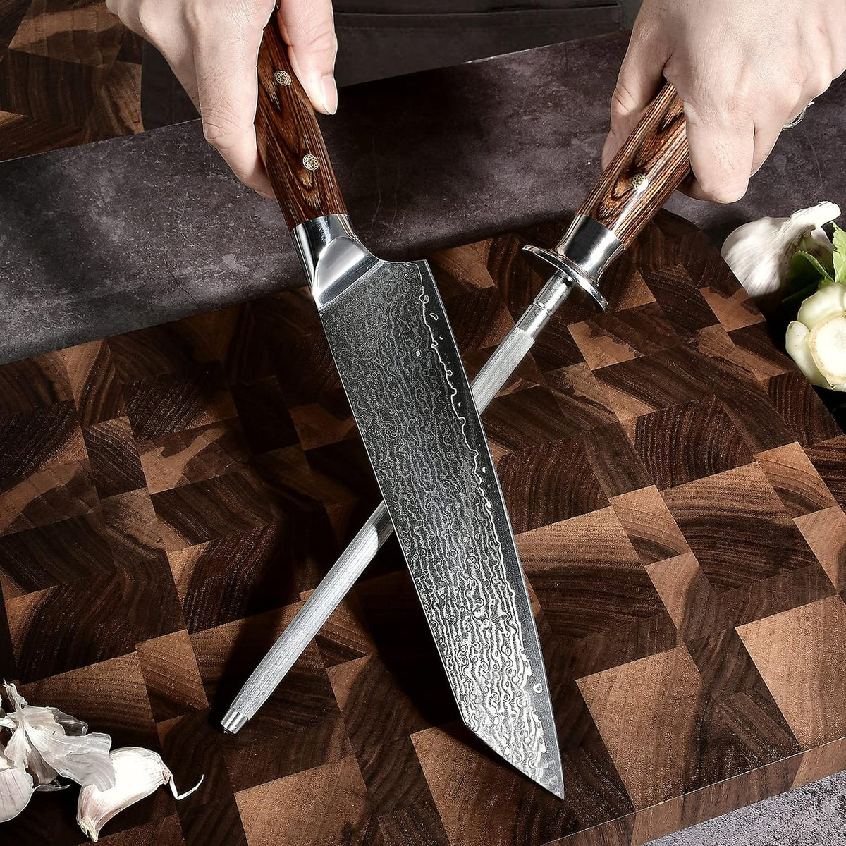 Damascus Steel Kitchen Knife 20cm with Sharpener & Gift Box