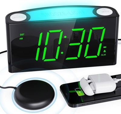 Mesqool Vibrating Alarm Clock Bed Shaker 7in Dimmer 2 USB Night Light